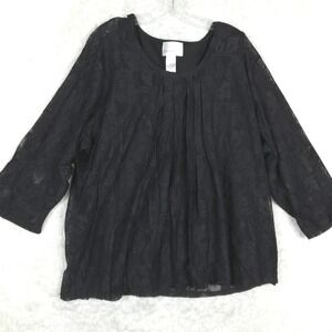 Susan Graver Womens Top Blouse Set 3/4 Sleeve Black Floral Lace Tank 3X New